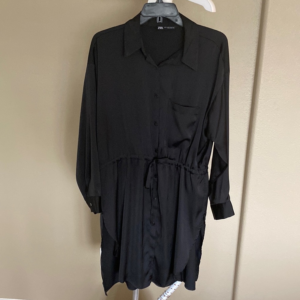 Black Satin Silk Tie Front Synch Waist Button Shirt Dress